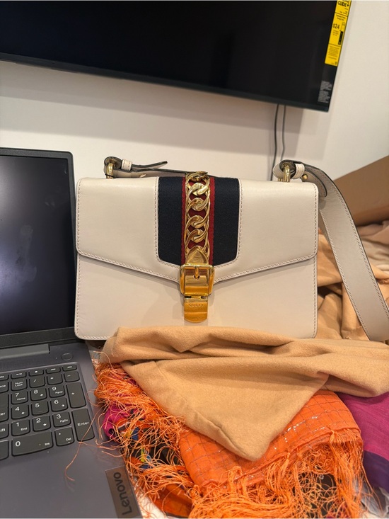 Gucci Handbags - Gucci Cream Leather Crossbody with Navy and Red Web & Gold Chain